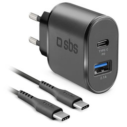 SBS - 18W Ladeadapter USB, USB-C + Kabel USB-C / USB-C, schwarz