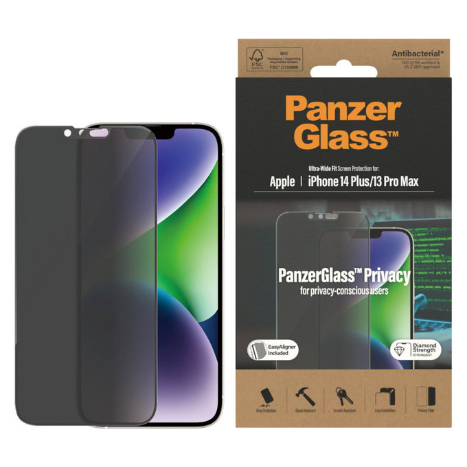 Schutzglas UWF Privacy AB mit Applikator für iPhone 14 Plus/13 Pro Max, Schwarz, PanzerGlass