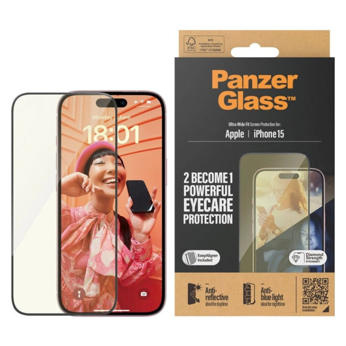 Schutzglas UWF Eyecare mit Applikator für iPhone 15, Schwarz, PanzerGlass