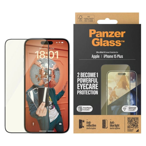 Schutzglas UWF Eyecare mit Applikator für iPhone 15 Plus, Schwarz, PanzerGlass