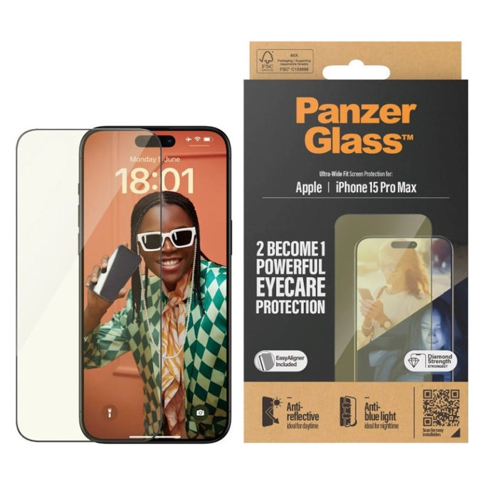 Schutzglas UWF Eyecare mit Applikator für iPhone 15 Pro Max, Schwarz, PanzerGlass