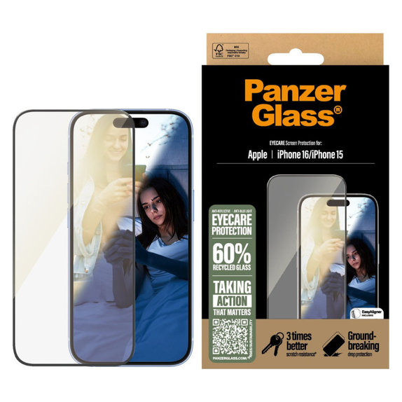Schutzglas UWF Eyecare mit Applikator für iPhone 16/15, Schwarz, PanzerGlass