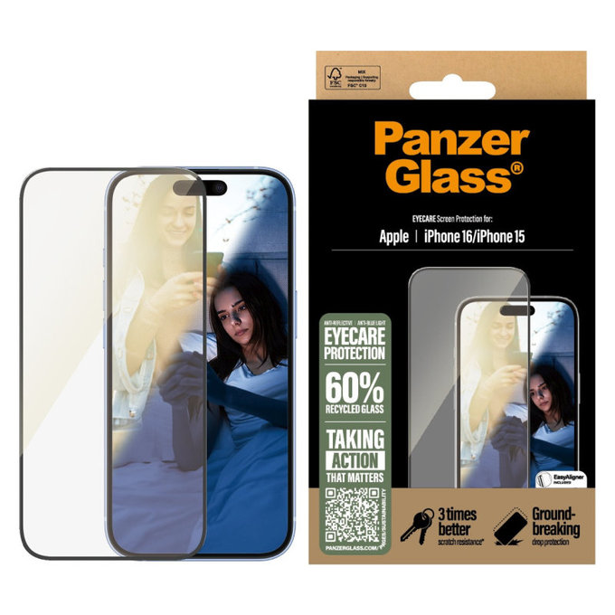 Schutzglas UWF Eyecare mit Applikator für iPhone 16/15, Schwarz, PanzerGlass