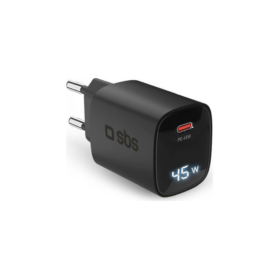 Reiseadapter LCD USB-C, GaN, 45 W PD, schwarz, SBS