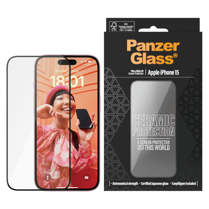 Schutzglas UWF Ceramic mit Applikator für iPhone 15, Schwarz, PanzerGlass
