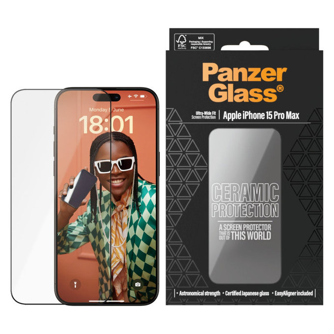 Schutzglas UWF Ceramic mit Applikator für iPhone 15 Pro Max, Schwarz, PanzerGlass