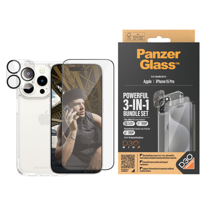 Bundle PicturePerfect + Panzerglas UWF + Hard Case D3O für iPhone 15 Pro, PanzerGlass