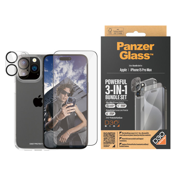 Bundle PicturePerfect + Panzerglas UWF + Hard Case D3O für iPhone 15 Pro Max, PanzerGlass
