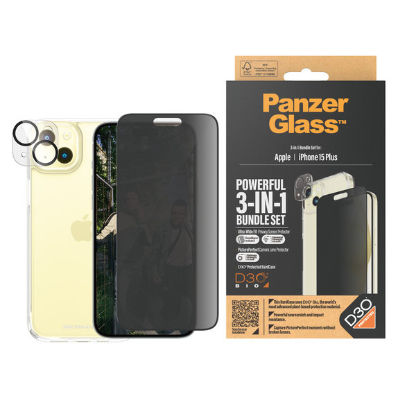 Bundle PicturePerfect + Panzerglas UWF Privacy + Hard Case D3O für iPhone 15 Plus, PanzerGlass