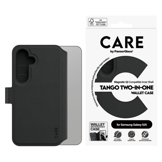 Hülle Wallet Tango Two-In-One mit QI für Samsung Galaxy S25, Schwarz, PanzerGlass