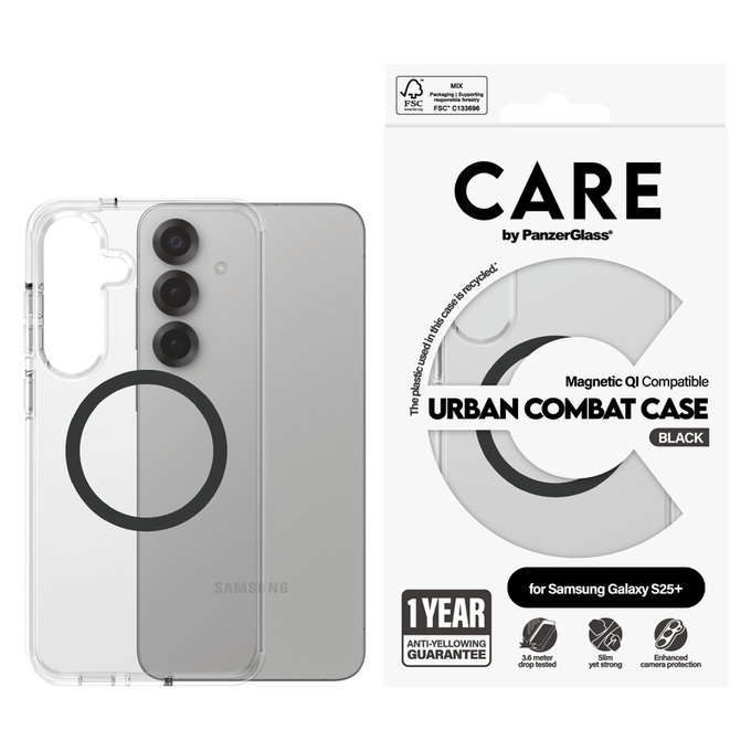 Hülle Urban Combat mit schwarzem QI für Samsung Galaxy S25+, Transparent, PanzerGlass