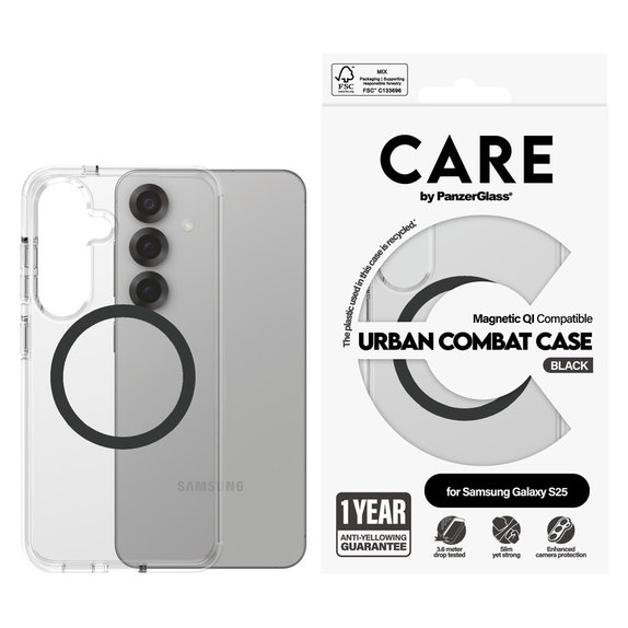Hülle Urban Combat mit schwarzem QI für Samsung Galaxy S25, Transparent, PanzerGlass