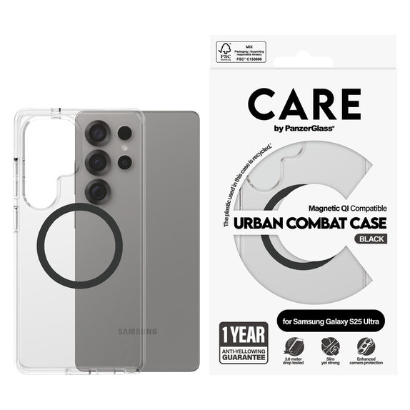 Hülle Urban Combat mit schwarzem QI für Samsung Galaxy S25 Ultra, Transparent, PanzerGlass
