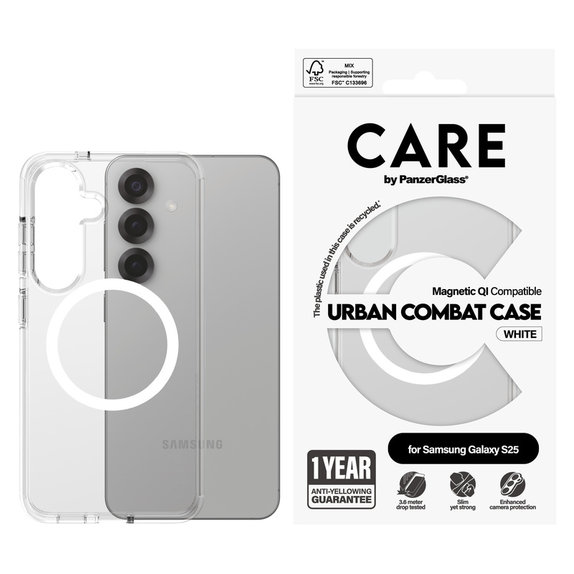 Hülle Urban Combat mit weißem QI für Samsung Galaxy S25, Transparent, PanzerGlass