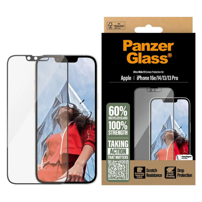 UWF Panzerglas mit Applikator für iPhone 17e/16e/14/13/13 Pro, Schwarz, PanzerGlass