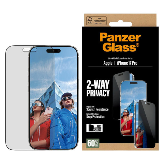UWF 2-Way Privacy Panzerglas mit Applikator für iPhone 17 Pro, Schwarz, PanzerGlass