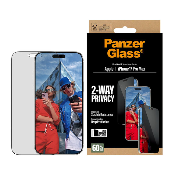 UWF 2-Way Privacy Panzerglas mit Fastfit für iPhone 17 Pro Max, Schwarz, PanzerGlass