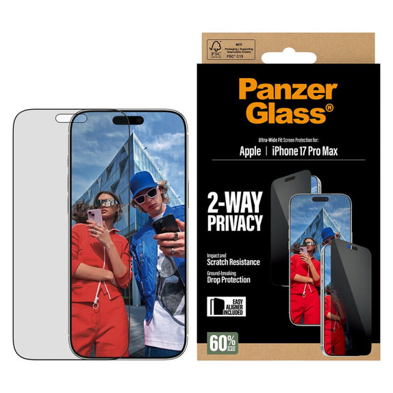 UWF 2-Way Privacy Panzerglas mit Fastfit für iPhone 17 Pro Max, Schwarz, PanzerGlass