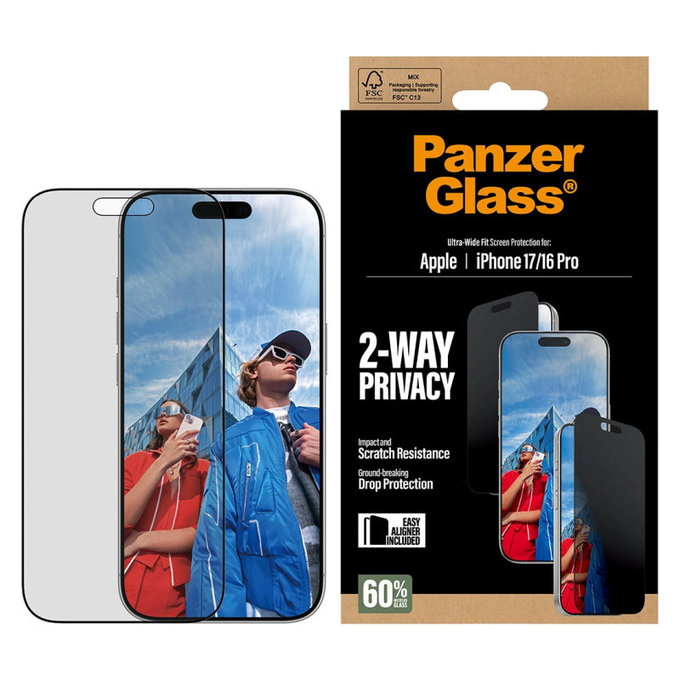 UWF 2-Way Privacy Panzerglas mit Fastfit für iPhone 17/16 Pro, Schwarz, PanzerGlass