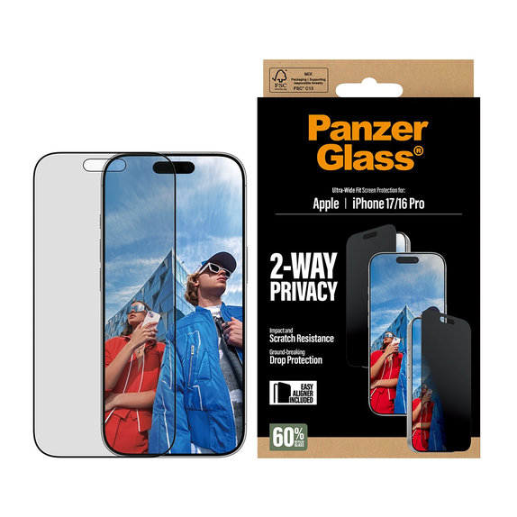 UWF 2-Way Privacy Panzerglas mit Fastfit für iPhone 17/16 Pro, Schwarz, PanzerGlass
