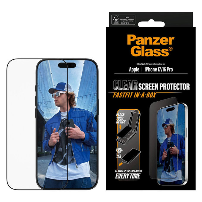 UWF Panzerglas mit Fastfit für iPhone 17/16 Pro, Schwarz, PanzerGlass