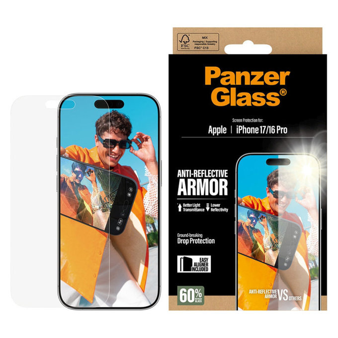 Schutzglas Anti-Reflective mit Applikator für iPhone 17/16 Pro, Schwarz, PanzerGlass