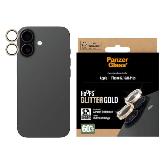 Kameralinsenschutz Hoops für iPhone 17/16 Plus/16, Glitter Gold, PanzerGlass