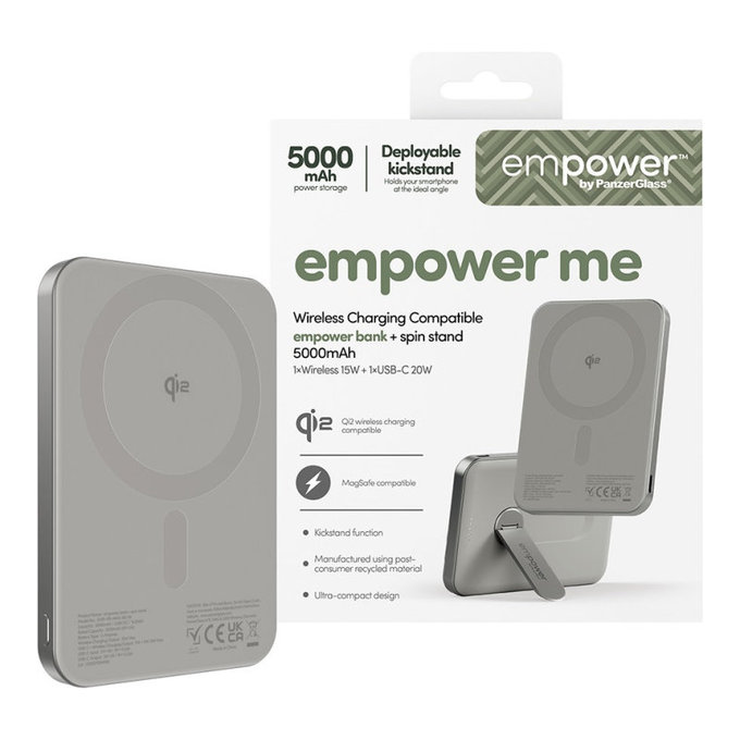 Kabellose PowerBank 5000 mAh, mit drehbarem Ständer 20 W, MagSafe-kompatibel, Qi2/USB-C, Titan, empower