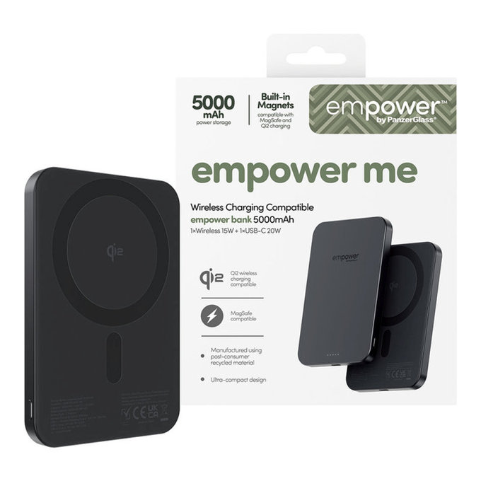 Kabellose PowerBank 5000 mAh, 20 W, kompatibel mit MagSafe, Qi2/USB-C, Space Black, empower