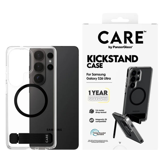 Hülle Kickstand mit schwarzem QI für Samsung Galaxy S26 Ultra, Transparent, PanzerGlass