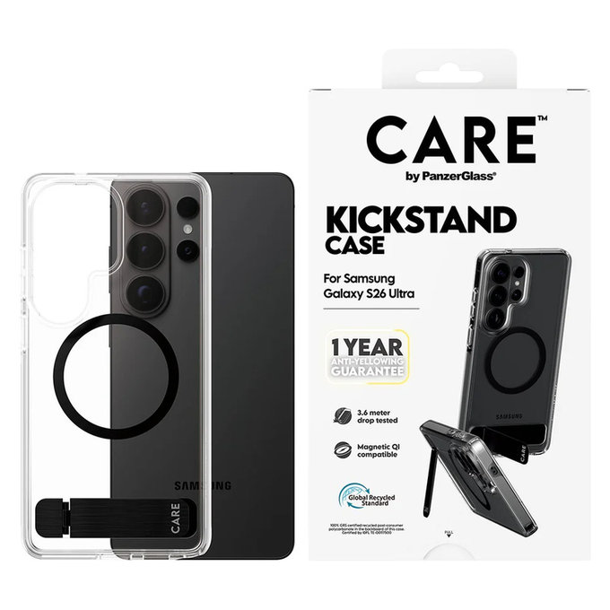 Hülle Kickstand mit schwarzem QI für Samsung Galaxy S26 Ultra, Transparent, PanzerGlass