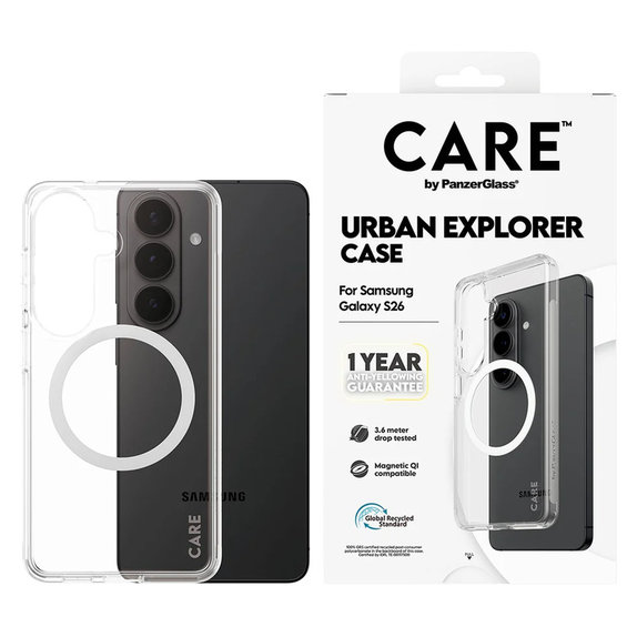 Hülle Urban Explorer mit weißem QI für Samsung Galaxy S26, Transparent, PanzerGlass