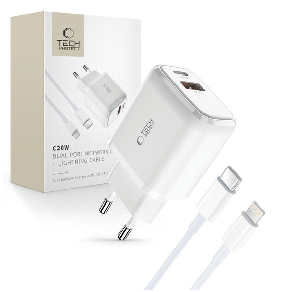 Netzladegerät C20W 2-PORT PD 20W / QC3.0 + Lightning Cable, weiß, Tech-Protect