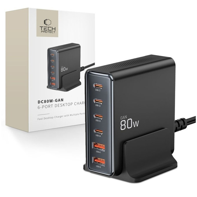 Netzladegerät DC80W-GAN 6-PORT PD 80W / QC3.0, schwarz, Tech-Protect