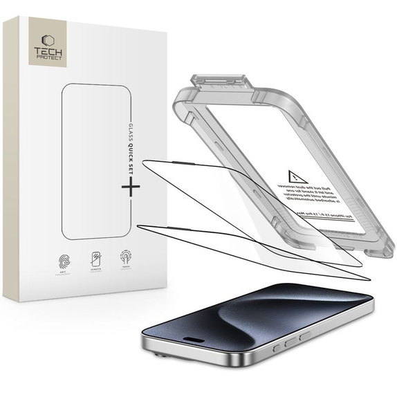 Panzerglas Quick Set+ 2-PACK für iPhone 15 Pro, schwarz, Tech-Protect