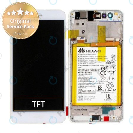 Huawei P10 Lite - LCD Display + Touchscreen Front Glas + Rahmen + Akku Batterie (Pearl White) - 02351FSC, 02351FSB Genuine Service Pack