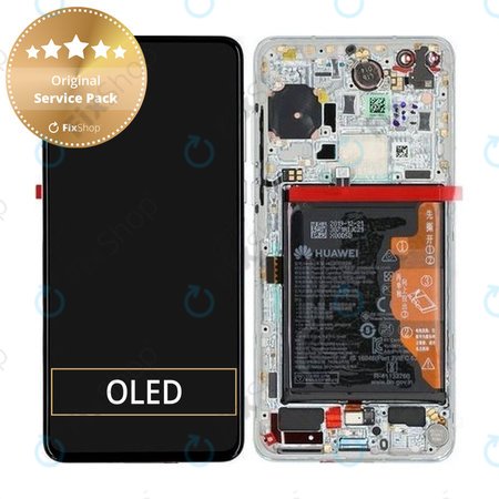 Huawei P40 - LCD Display + Touchscreen Front Glas + Rahmen + Akku Batterie + Fingerabdruck-Sensor Fingerabdruck (Ice White, Silver Frost) - 02353MFW Genuine Service Pack