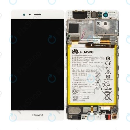 Huawei P9 - LCD Display + Touchscreen Front Glas + Rahmen + Akku Batterie (White) - 02350RRY, 02350RKF Genuine Service Pack
