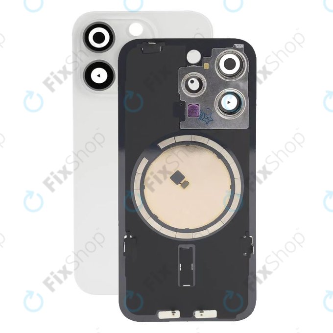 Apple iPhone 15 Pro - Rückgehäuseglas + Kameraglas + Metallplatte + Magsafe-Magnet (White Titanium)