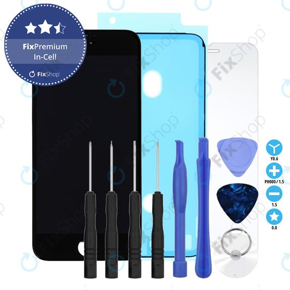 Display In-Cell für iPhone 8, SE (2020), SE (2022), Black, Touchscreen-Glas mit Rahmen, Klebemittel (Adhesive), Gehärtetes Glas, Werkzeuge, FixPremium