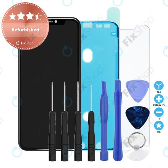 Apple iPhone 11 - LCD Display + Touchscreen Front Glas + Rahmen Refurbished + LCD Klebestreifen Sticker + Gehärtetes Glas + Werkzeugsatz - Multipack