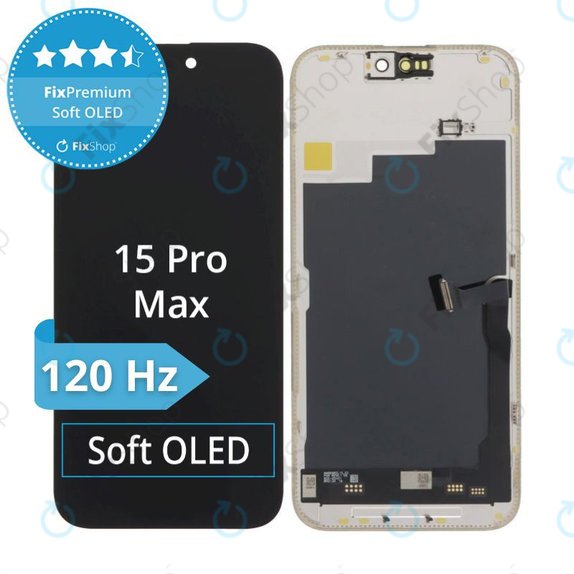 Display Soft OLED 120Hz für iPhone 15 Pro Max, Touchscreen-Glas mit Rahmen, FixPremium