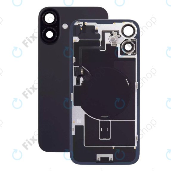 Apple iPhone 16 - Rückgehäuseglas + Kameraglas + Metallplatte + Magsafe-Magnet + Flex kabel (Black)
