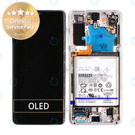 Samsung Galaxy S21 G991B - LCD Display + Touchscreen Front Glas + Rahmen + Akku Batterie (Phantom White) - GH82-24716C, GH82-24718C Genuine Service Pack
